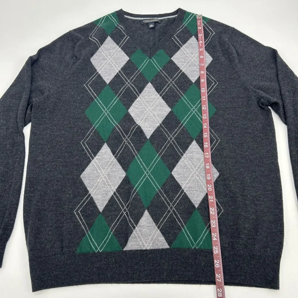 Banana Republic Sweater Men's XL Gray Argyle V-Neck Pullover 100%‎ Merino Wool